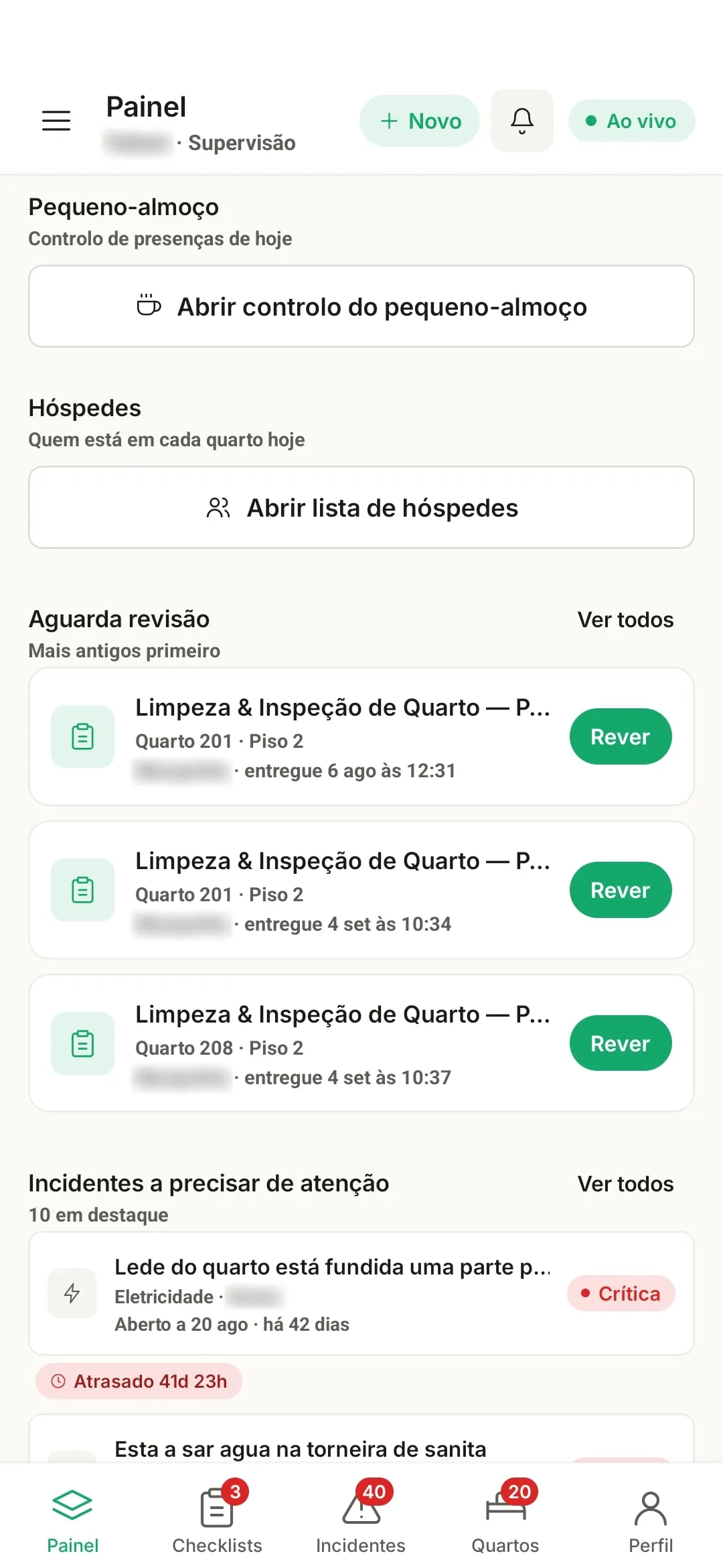 Painel da app com o controlo do pequeno-almoço, a lista de hóspedes, as checklists por rever e os incidentes que precisam de atenção.