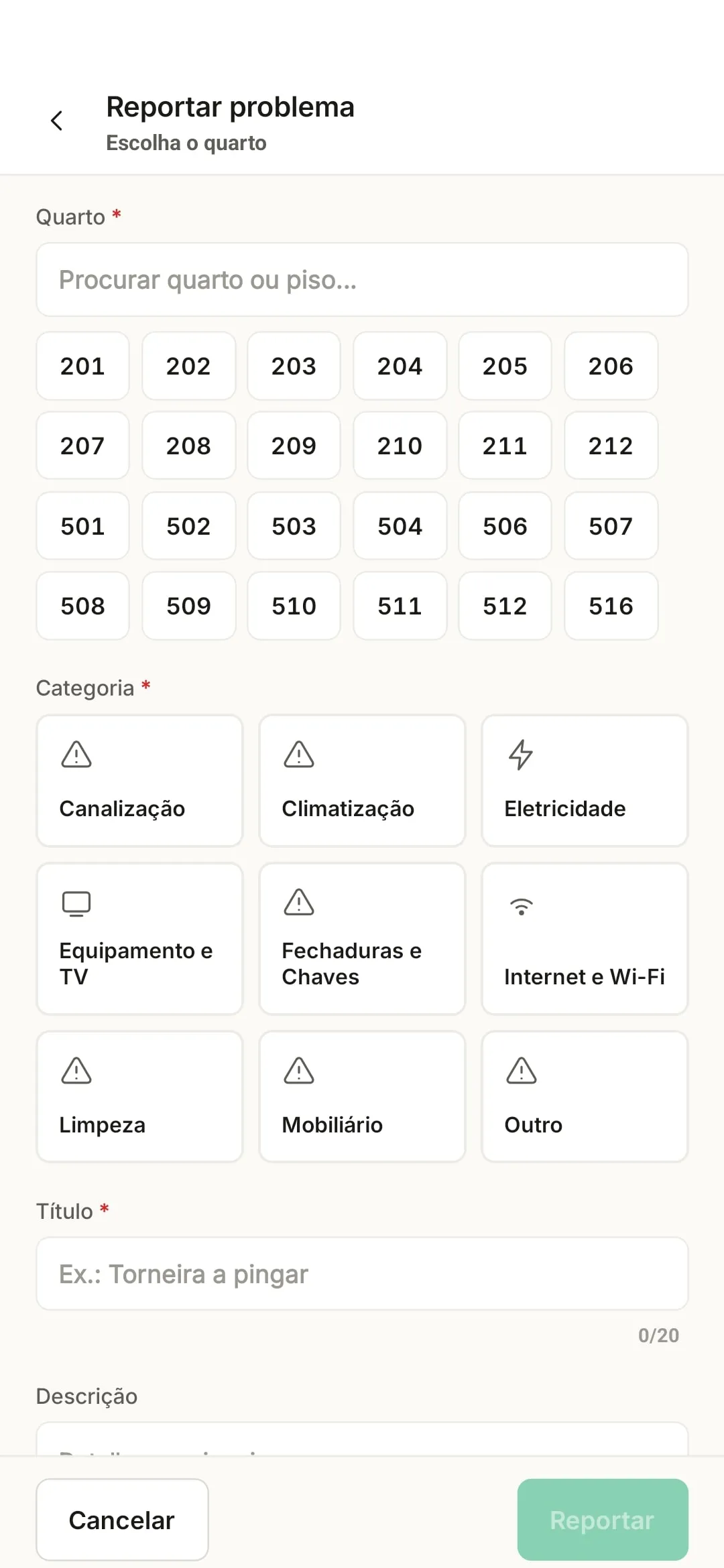 Ecrã para reportar um problema na app: escolha do quarto, da categoria (canalização, climatização, electricidade, internet e outras) e título.