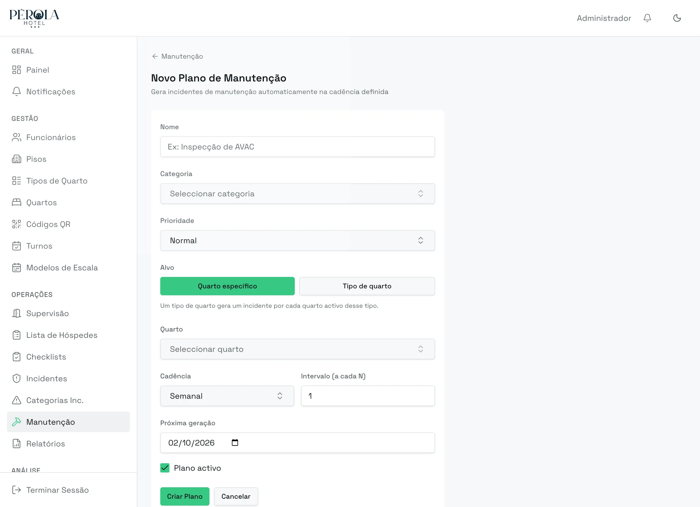 Formulário de novo plano de manutenção no backoffice: nome, categoria, prioridade, quarto ou tipo de quarto, cadência, intervalo e próxima geração.